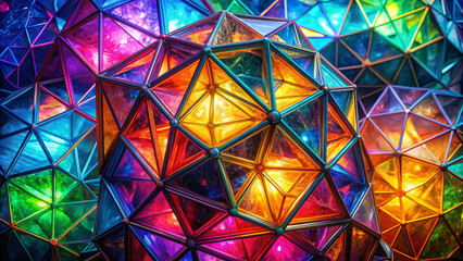 Luminous polyhedral structures coalesce into dazzling tapestry of color, creating mesmerizing visual experience. vibrant hues and intricate designs captivate viewers imagination