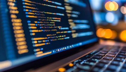 Secure software development code on computer screen with blurred background display