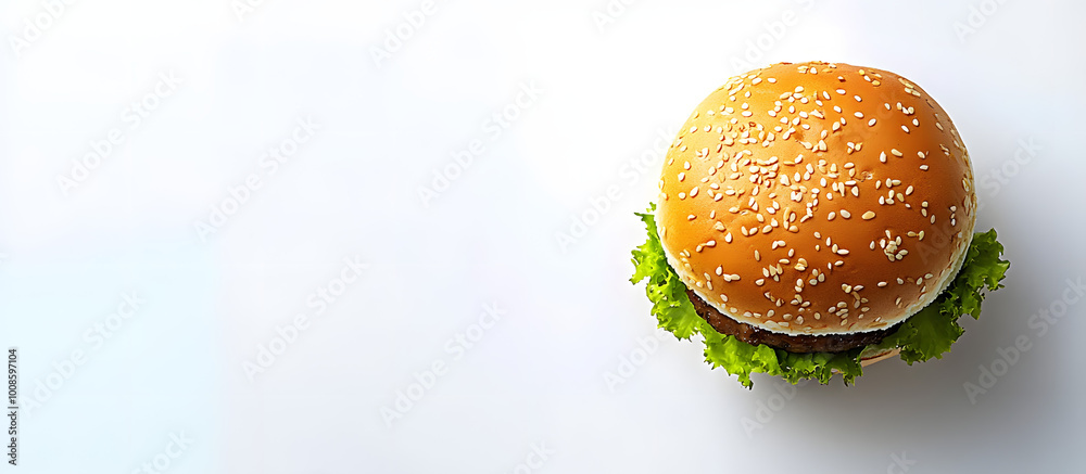 Wall mural top down perspective photograph of a hamburger bun on a white backdrop with available space for addi
