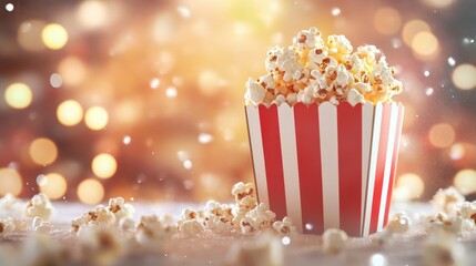 Fresh popcorn in a classic striped box with a blurred festive background, capturing the joy of cinema snacks. Realistic and detailed