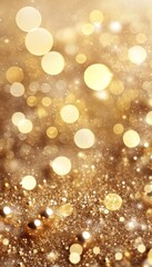 Festive background with glittering gold sparkles, bokeh effect, and champagne bubbles