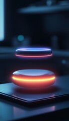 A modern, futuristic image of a glowing, levitating button in a sleek digital environment, showcasing innovation and technology.