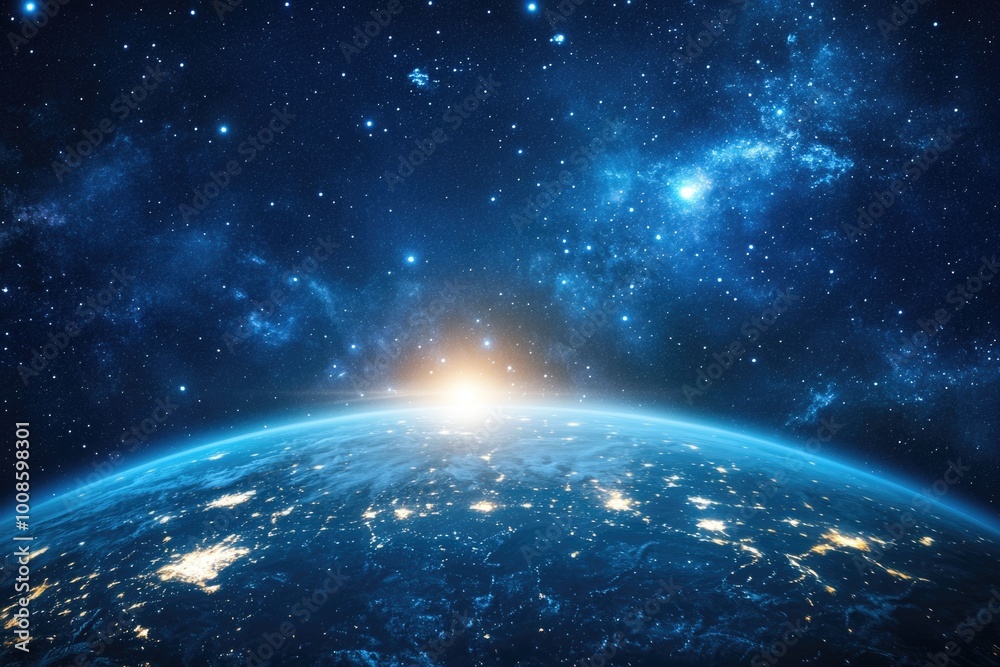 Wall mural space background with the blue earth planet illuminated by the night sky.