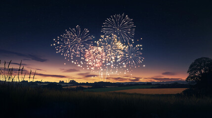 Fireworks Display Over Scenic Landscape at Sunset