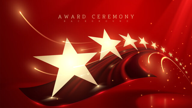 Luxury award ceremony scene with red curtain, golden stars, light beams, and bokeh. Elegant background design for events and celebrations. Vector illustration.