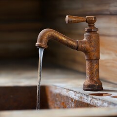 An aged, rustic faucet with flowing water, showcasing a vintage design perfect for home or kitchen decor.