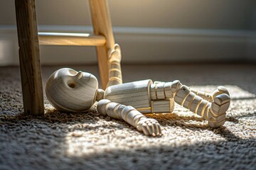 wooden figure lying on the floor after falling from a ladder - a conceptual photo highlighting the dangers of working at heights and the importance of workplace safety.