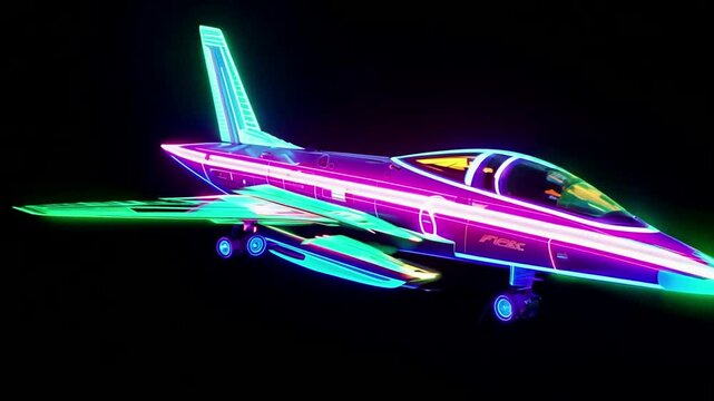 Fighter jet 3D model of a futuristic , bright neon lights on a black background. Generative AI
