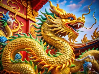 Obraz premium Majestic Chinese Golden Dragon Symbolizing Strength, Prosperity, and Good Fortune in Art Design
