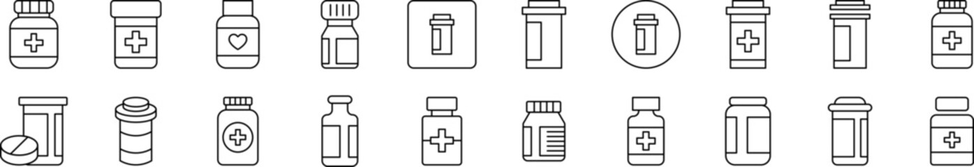 Bottle of Meds Pack of Thin Icons. Editable Stroke. Suitable for Web Sites, Books, Cards, Apps