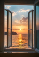 Fototapeta premium Interior Room with Wooden Window Frame and Beach View