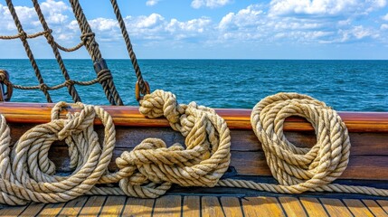 Obraz premium A pirate ship's empty deck with creaky wooden planks, towering masts, and ropes hanging down, against the backdrop of an open sea, perfect for pirate-themed scenes.