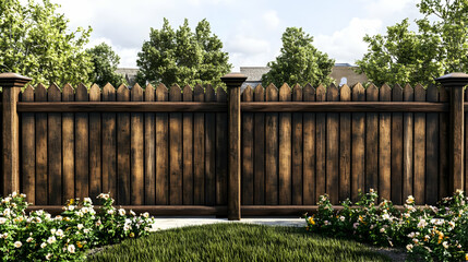 A Rustic Wooden Fence with Pointed Tops Stands Tall in a Backyard Setting, Surrounded by Lush Green Grass and White Flowers