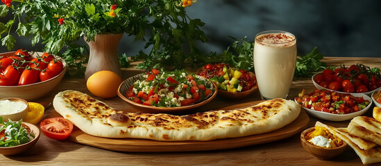 Fototapeta premium A table featuring a variety of Turkish pide ayran and salad with empty space for adding additional items in the image