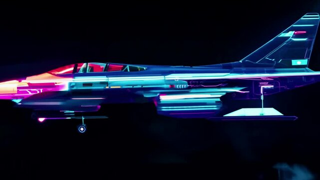 Fighter jet 3D model of a futuristic , bright neon lights on a black background. Generative AI
