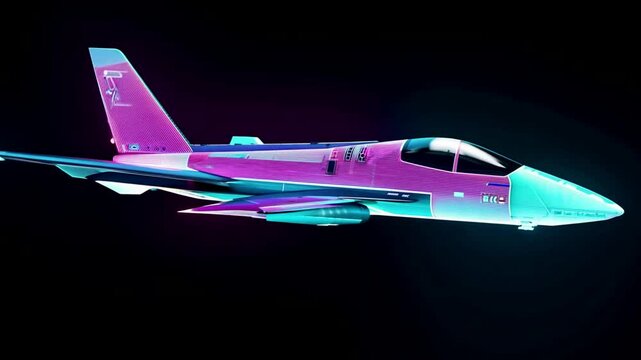 Fighter jet 3D model of a futuristic , bright neon lights on a black background. Generative AI
