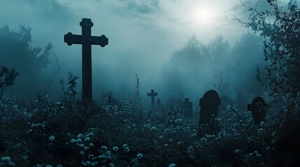 Naklejka premium Eerie graveyard shrouded in mist creates a haunting atmosphere at dusk.