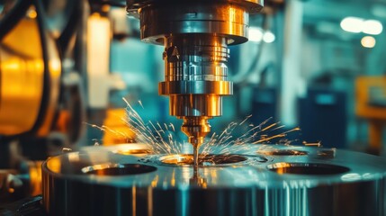 Industrial Metalworking Machine Close-Up with Sparks