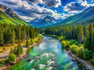 Majestic Gallatin River in Montana Surrounded by Lush Wilderness and Rocky Mountain Peaks