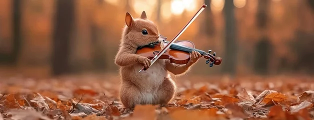 A charming little grasshopper delights in playing the violin on its hind legs in a golden autumn forest setting