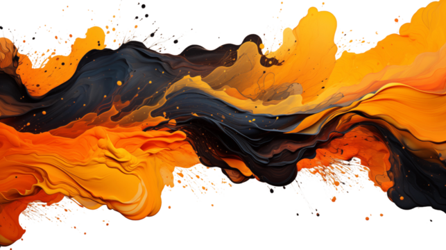 Cosmic black and orange paint splashes, Isolated on Transparent Background.