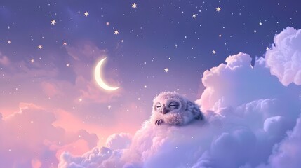 Fototapeta premium Charming owl resting on a fluffy cloud under a crescent moon in a serene twilight sky filled with twinkling stars