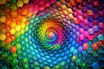 vibrant swirl of multicolored hexagons creates mesmerizing dance of geometry, drawing eye into captivating spiral of hues and patterns