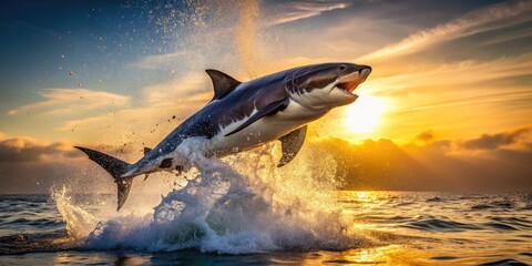 Fototapeta premium Majestic Great White Shark Leaping Out of Ocean Water with Splash and Sunlight in the Background