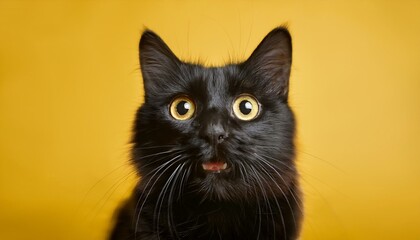 close up photo of a black furred cat with a surprised expression