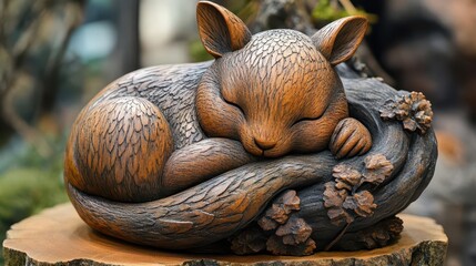 adorable wooden sculpture of a wild animal curled up in a sleeping position crafted with intricate details that highlight its texture and natural beauty evoking warmth and tenderness