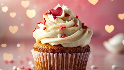 A single cupcake with white frosting and red heart sprinkles sits on a table with a pink background - Powered by Adobe