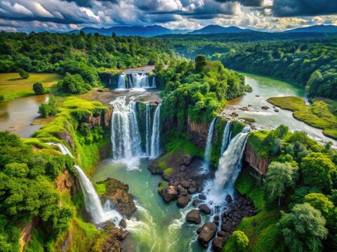 Majestic Khone Falls in Laos Surrounded by Lush Greenery and Cascading Waterfalls in Nature