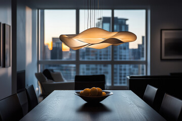 Modern dining room is illuminated by a sculptural chandelier hanging over a table with fruit in a bowl
