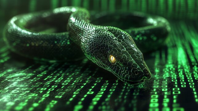 a snake embedded with codes and numbers on its body, high technology, neural network, artificial intelligence, computer security