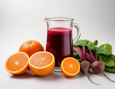 Zumo de remolacha y frutas sobre fondo blanco