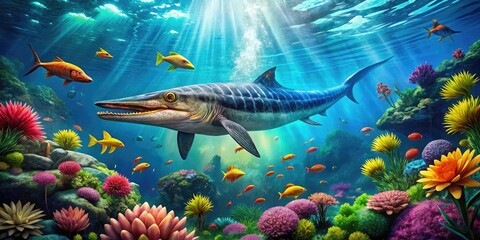 Fototapeta premium Majestic Mosasaur Swimming in Ancient Ocean with Lush Underwater Landscape and Colorful Fish Life