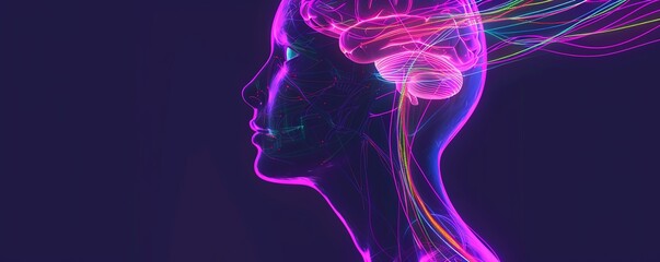 Neon anatomy, brain and nerves, flat design illustration
