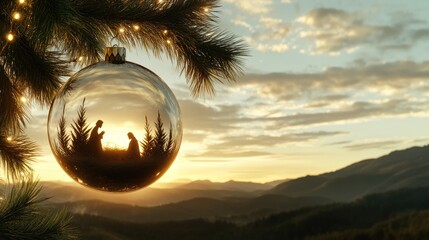 Delicate glass ornament depicting Mary and Joseph in a manger, illuminated by soft golden lights during a serene Christmas evening