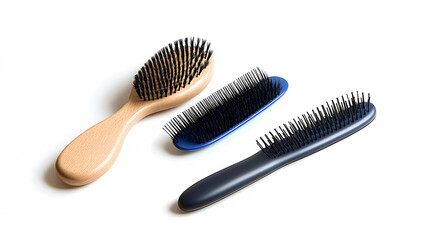 Diverse Hairbrushes for Grooming and Styling Against White Background