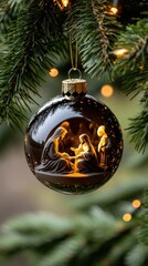A beautiful glass ornament showcasing the nativity with warm lights, hanging gracefully from an evergreen tree during the holiday season