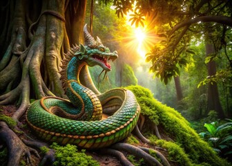 Fototapeta premium Majestic Naga Sculpture Coiled Around Ancient Tree in Lush Green Jungle Setting with Sunlight Filtering