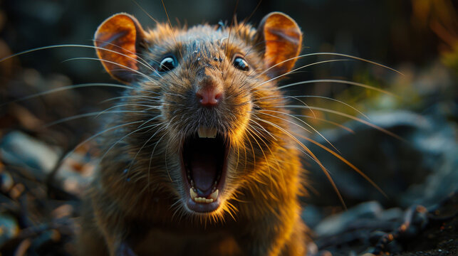 the face of a rat with an open mouth looking at the camera, close-up of a rat's scary evil face