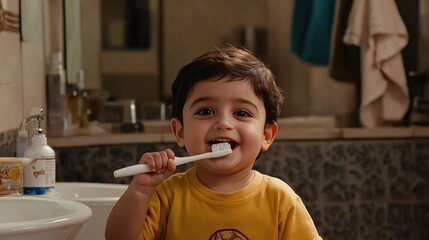A cheerful Indian boy enjoys brushing his teeth in a bright yellow T-shirt against a tiled bathroom backdrop