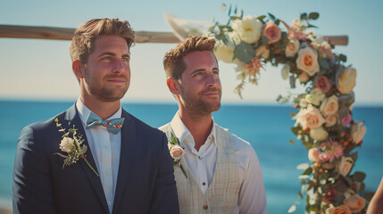 young couple of gay Caucasian men at a wedding ceremony near a flower arch. LGBT concept. same-sex marriage