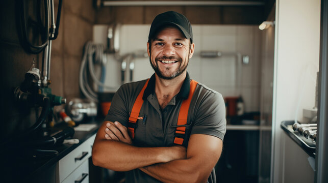 portrait of a smiling Caucasian plumber in uniform in the kitchen or bathroom. against the backdrop of repaired and installed plumbing fixtures