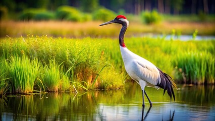 Naklejka premium Majestic Red Crowned Crane Bird Standing Gracefully in a Serene Natural Habitat of Wetlands