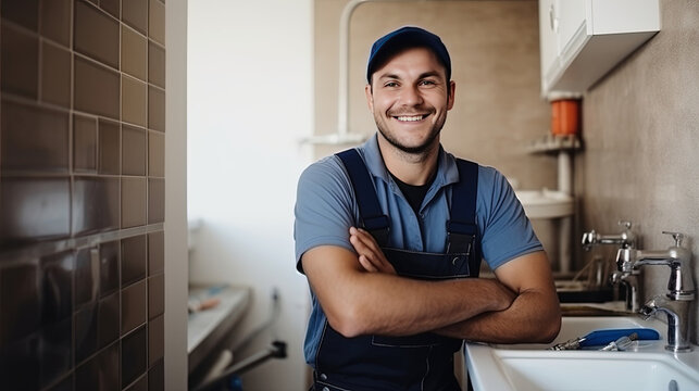 portrait of a smiling European plumber in uniform doing what he loves while in the bathroom repairing sewerage and plumbing in a customer's apartment