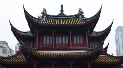 Naklejka premium Ancient Chinese Pagoda with Curved Roof and Yellow Decorations