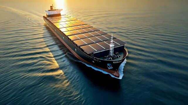 A large cargo ship sails through the ocean at sunset, its deck covered in solar panels