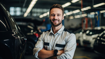 handsome Caucasian car service worker in uniform smilingly looks at the camera against the background of cars while in a car dealership